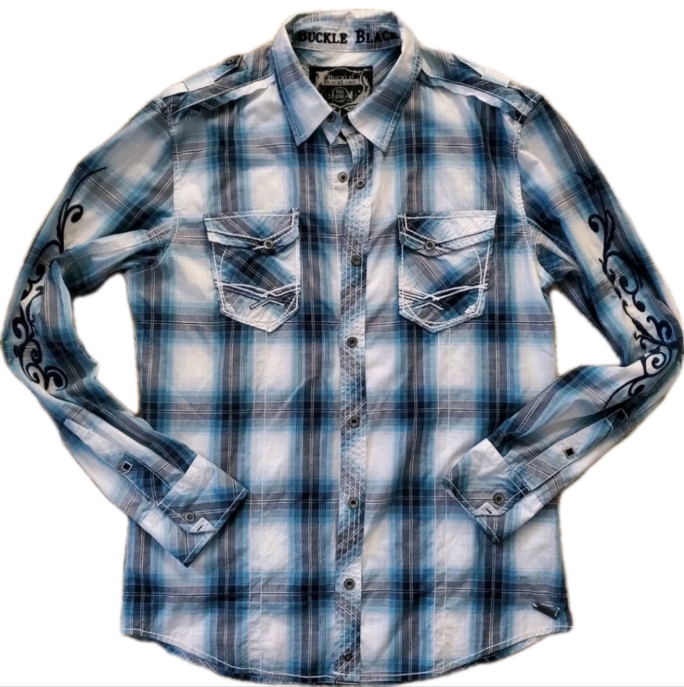 BUCKLE BLACK LABEL Plaid Western Snap Shirt Embroidered Thick Stitch M